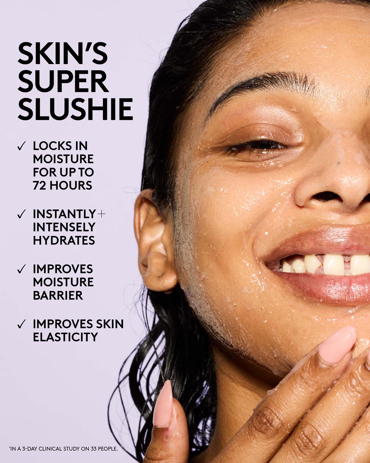 Woman applying skincare product with text highlighting product benefits on a light purple background