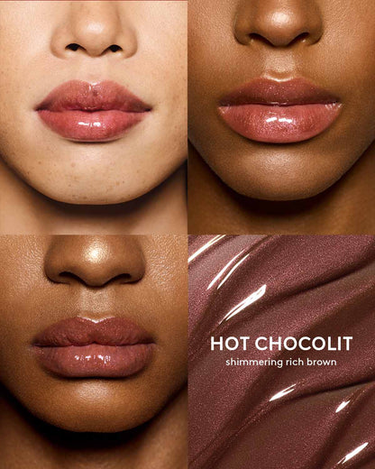 shade grid of three different skin toned models wearing gloss bomb universal lip luminizer in shade hot chocolit