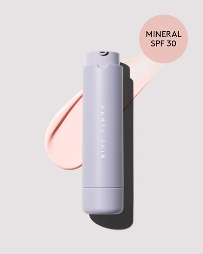 Bottle of Mineral Hydra Vizor Invisible Moisturizer Broad Spectrum SPF 30 Sunscreen with Niacinamide + Kalahari Melon on a lilac backdrop.