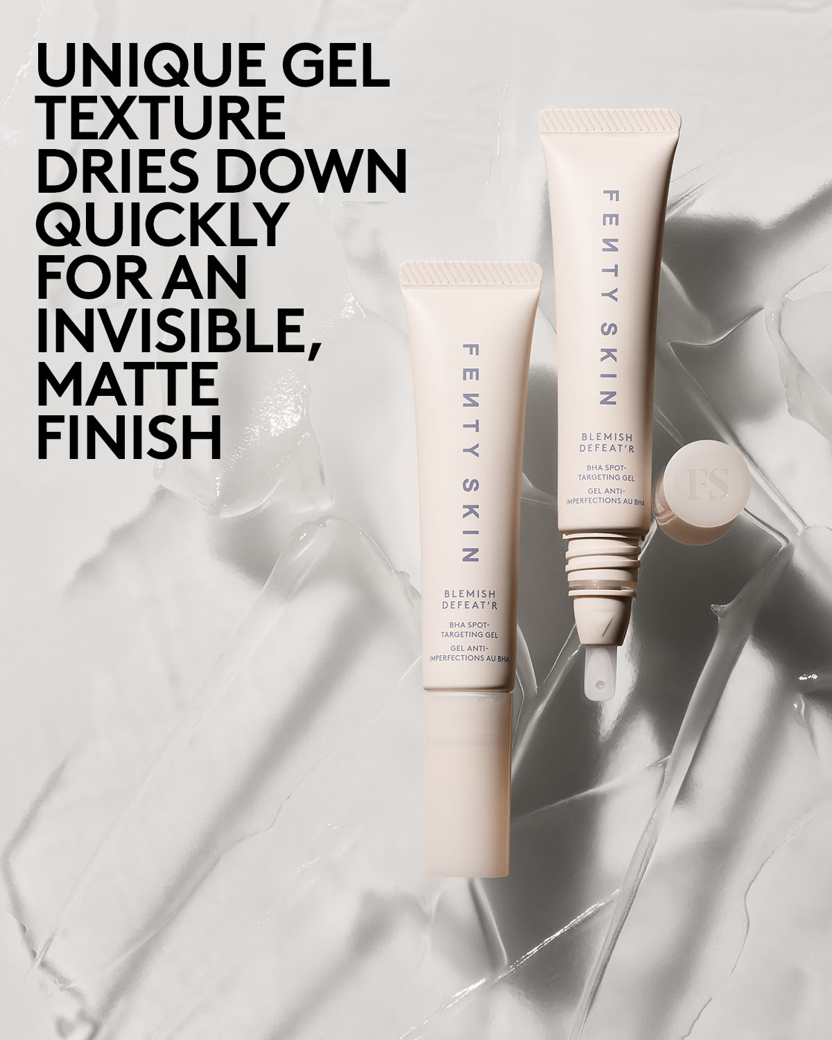 Two tubes of Blemish Defeat'r Gel next to overlay text "Dries down quickly for an invisible matte finish"