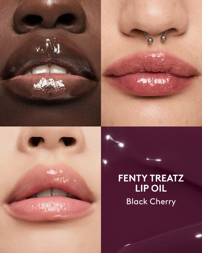 shade grid with different skin tones and lip shapes wearing fenty treatz in black cherry