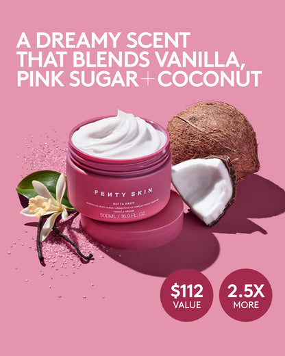 Jumbo Butta Drop Whipped Oil Body Cream with Tropical Oil + Shea Butter is a dreamy scent that blends vanilla, pink sugar and coconut.